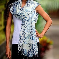 Silk batik shawl Blue Jasmine Vines Indonesia
