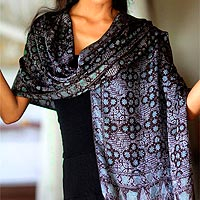 Batik silk shawl, 'Java Sea' - Batik Silk Shawl with Kawung Motifs from Bali