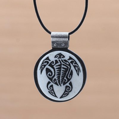 Leather and ebony wood pendant necklace, Tortoise Protection