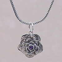 Amethyst flower necklace, 'Holy Lotus' - Artisan Crafted Silver and Amethyst Flower Necklace