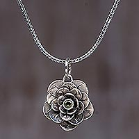 Peridot flower necklace, 'Holy Lotus' - Sterling Silver and Peridot Pendant Necklace