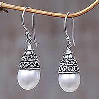 Pearl dangle earrings, 'Mystic Bells' - Sterling Silver and Pearl Dangle Earrings