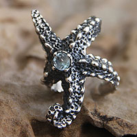 Blue topaz wrap ring, 'Balinese Starfish' - Sterling Silver and Blue Topaz Cocktail Ring