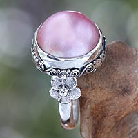 Pearl flower ring, 'Love Moon' - Floral Sterling Silver and Pearl Cocktail Ring