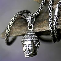 Men's sterling silver necklace, 'Smiling Buddha' - Men's Handmade Sterling Silver Pendant Necklace