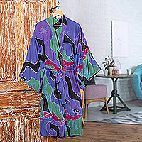 Women's batik robe, 'Turquoise Ocean' (short) - Women's batik robe