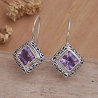 Amethyst drop earrings, 'Ubud Goddess' - Unique Sterling Silver and Amethyst Drop Earrings