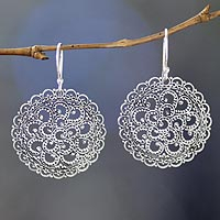 Sterling silver dangle earrings, 'Filigree Chrysanthemum' - Hand Crafted Sterling Silver Dangle Earrings