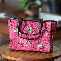 Cotton batik tote bag, 'Indramayu Rose' - Cotton batik tote bag