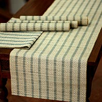 Natural fiber table runner and placemats Ethnic Blue set for 4 Indonesia