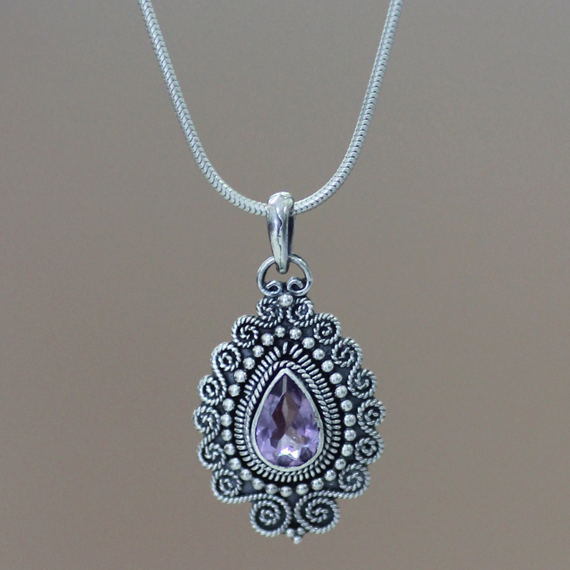 Sterling Silver and Amethyst Pendant Necklace Queen of Bali NOVICA