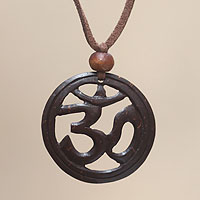 Coconut shell pendant necklace, 'Java Yoga' - Inspirational Coconut Shell Pendant Necklace