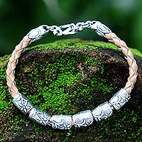 Leather braided bracelet, 'Daisy Dreams' - Silver and Braided Leather Bracelet from Indonesia