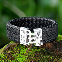 Men's leather braided bracelet, 'Tribal Warrior' - Men's Leather and Sterling Silver Wristband Bracelet