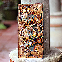 Wood relief panel, 'Love Lotus' - Hand Crafted Wood Floral Relief Panel