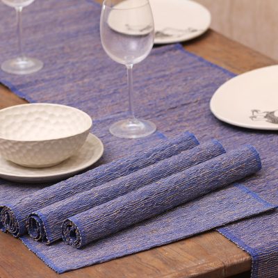 Natural fibers and cotton table runner and placemats, Nature of Blue (set of 4)