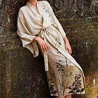 Silk robe, 'Azure Blossoms' - Artist Hand Painted Ivory and Blue Long Silk Robe