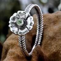 Birthstone flowers peridot ring, 'August Poppy' - Handcrafted Peridot and Silver Ring