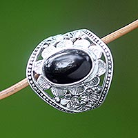 Onyx flower ring, 'Frangipani Mystery' - Unique Sterling Silver and Onyx Cocktail Ring
