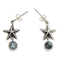Blue topaz dangle earrings, 'Balinese Starfish' - Artisan Crafted Silver and Blue Topaz Dangle Earrings