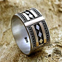 Gold accent ring, 'Warrior's Path' - Handcrafted Gold Accent and Silver Band Ring