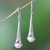 Cultured pearl dangle earrings, 'Trumpet Flower' - Sterling Silver and Pearl Dangle Earrings