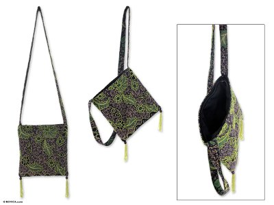 Beaded cotton batik shoulder bag, Midnight Java