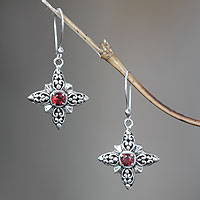 Garnet dangle earrings, 'Celuk Star' - Garnet and Silver Dangle Earrings