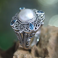 Cultured pearl and blue topaz cocktail ring, 'Water Shrine' - Handmade Sterling Silver and Pearl Cocktail Ring