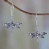 Smoky quartz dangle earrings, 'Enchanted Dragonfly' - Smoky quartz dangle earrings