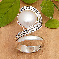 Cultured pearl cocktail ring, 'Sanur Swirl' - Pearl and Sterling Silver Cocktail Ring