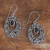 Garnet floral earrings, 'Bali Bouquet' - Handcrafted Floral Garnet Sterling Silver Earrings