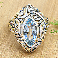 Blue topaz single stone ring, 'Joyous Jungle' - Blue topaz single stone ring