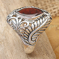 Garnet single stone ring, 'Joyous Jungle' - Hand Made Sterling Silver and Garnet Ring