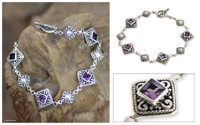Amethyst link bracelet, 'Dream Garden' - Hand Crafted Sterling Silver and Amethyst Link Bracelet