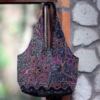 Beaded cotton sling bag, Javanese Violets
