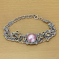 Cultured pearl and citrine flower bracelet, 'Moon Garden' - Unique Pearl and Citrine Bracelet