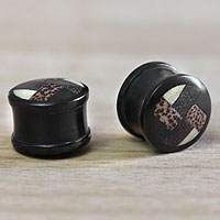 Wood and horn ear plugs, 'Earth Textures' - Wood and horn ear plugs