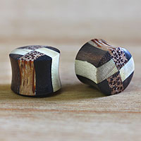 Wood ear plugs, 'Eco Contrasts' - Artisan Crafted Wood Ear Plugs