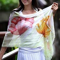 Hand painted silk shawl Glorious Blossoms Indonesia