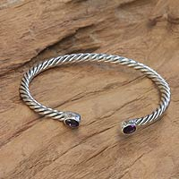 Amethyst cuff bracelet, 'Bali Swirl' - Hand Made Sterling Silver and Amethyst Cuff Bracelet