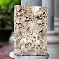 Wood relief panel, 'Life of the Elephants' - Wood relief panel