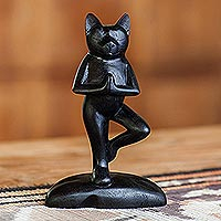 Wood sculpture Black Cat Tree Pose Yoga Indonesia