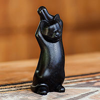 Wood sculpture, 'Black Cat Stretch' - Wood sculpture