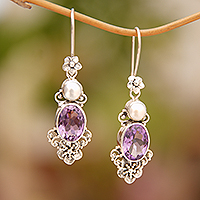 Cultured pearl and amethyst dangle earrings, 'Queen of Flowers' - Women's Floral Pearl and Amethyst Silver Earrings