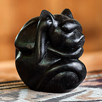 Wood sculpture Black Yogi Cat Indonesia
