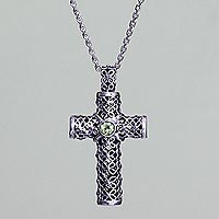 Peridot pendant necklace, 'Jasmine Cross' - Peridot and Sterling Silver Pendant Necklace