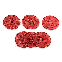 Beaded coasters Shimmering Scarlet set of 6 Indonesia