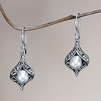 Cultured pearl dangle earrings, 'Lily of Bali' - Cultured pearl dangle earrings