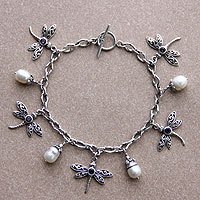 Cultured pearl and amethyst charm bracelet,